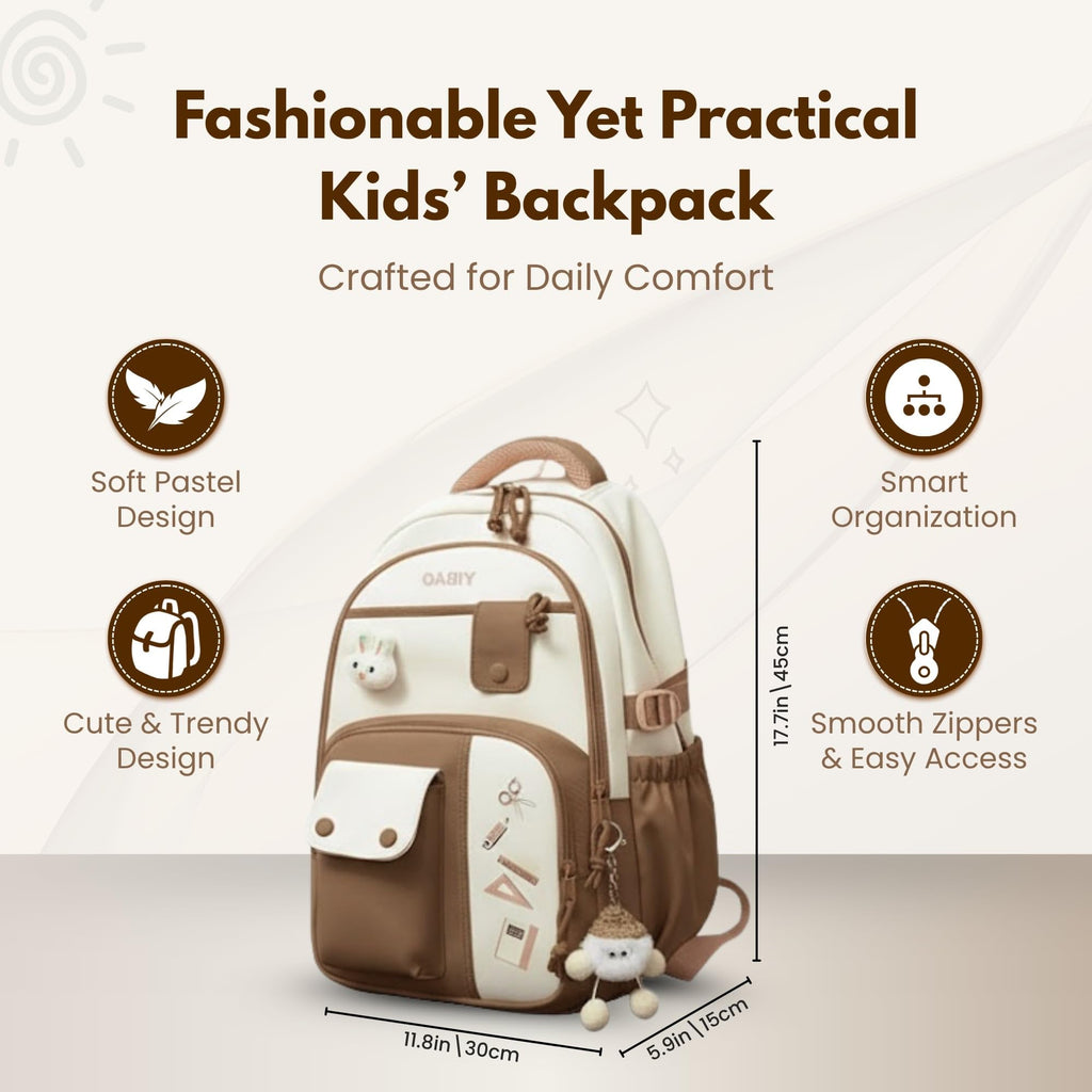 Cute School Backpack for Girls – Stylish Pink & White Large Capacity Bookbag with Plush Keychain, Multiple Pockets, Lightweight Travel & College Bag