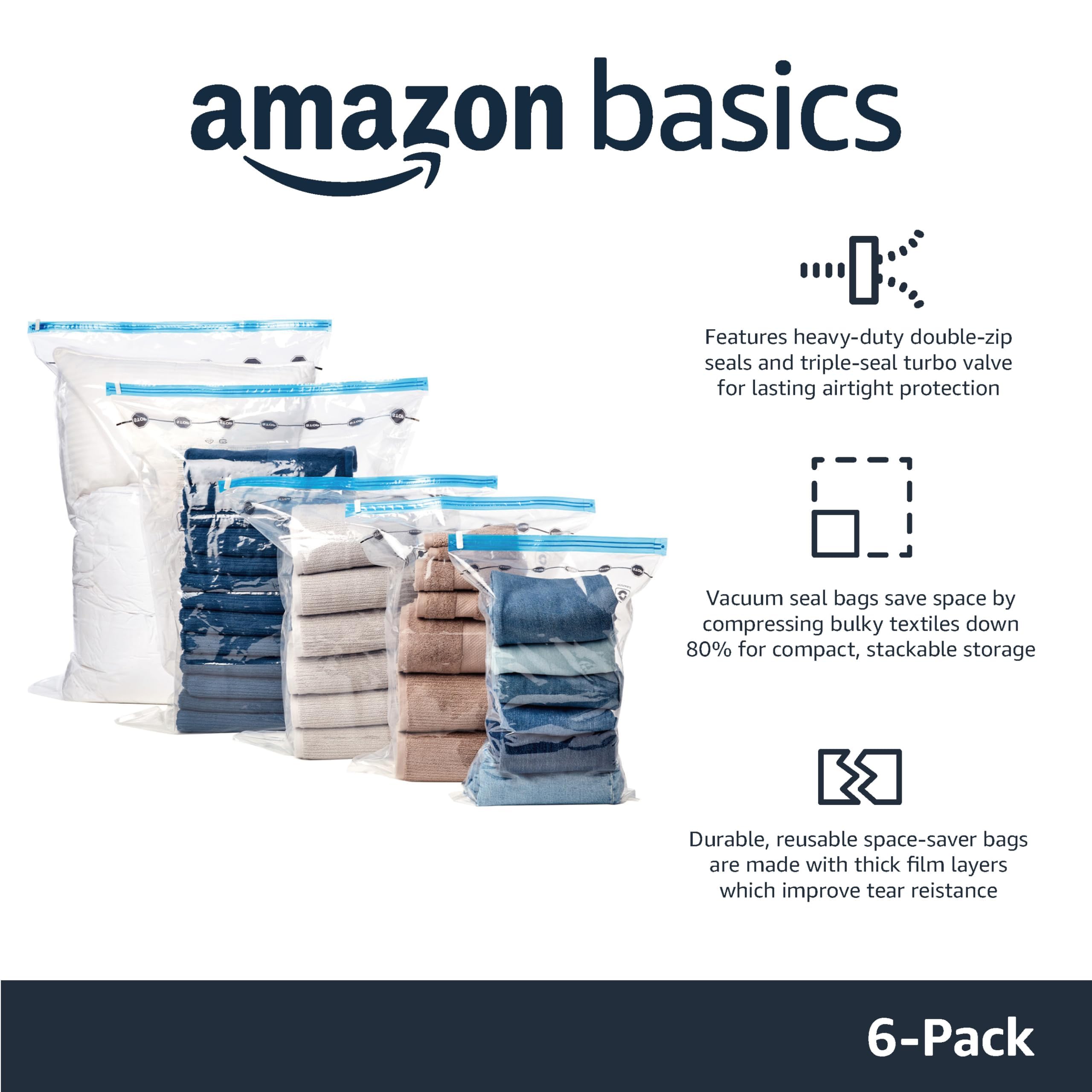 amazon basics Vacuum Compression Storage Bags with Hand Pump - Medium, 5-Pack