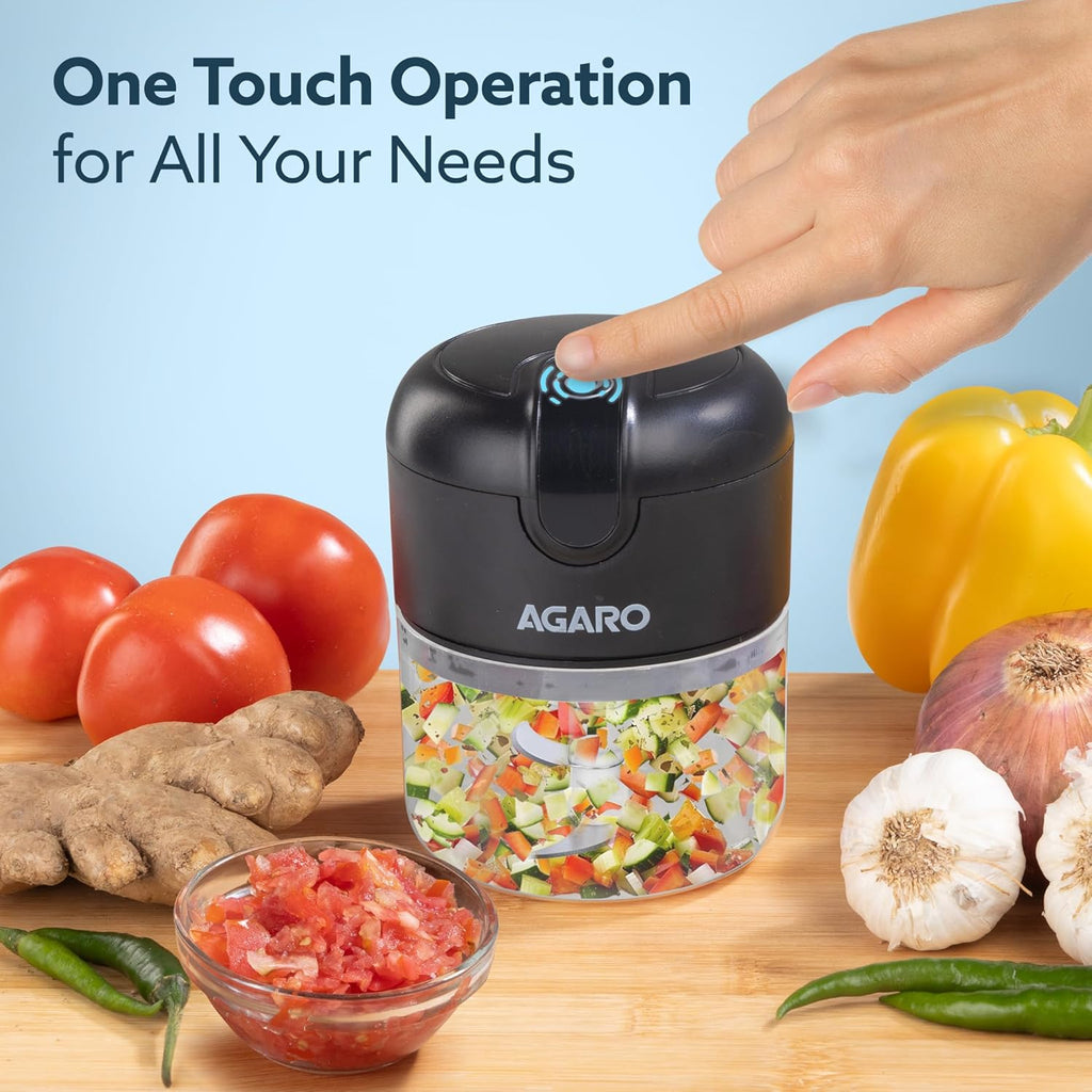 AGARO Elite Rechargeable Mini Electric Chopper, Food Grade Bowl, Stainless Steel Blades, One Touch Operation, for Mincing Garlic, Ginger, Onion, Vegetable, Meat, Nuts, 250 Ml, Black.
