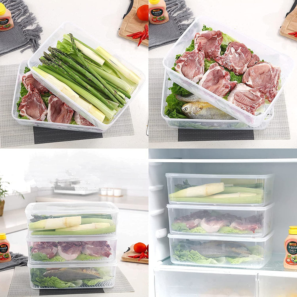 Fridge Storage Box -TEKCOOL (Pack of 6), Fridge Organiser Storage Boxes with Removable Drain Plate, Lids, Stackable Organizer, Fridge Storage Box Keep Fruits, Vegetables Fresher, 1500 ML