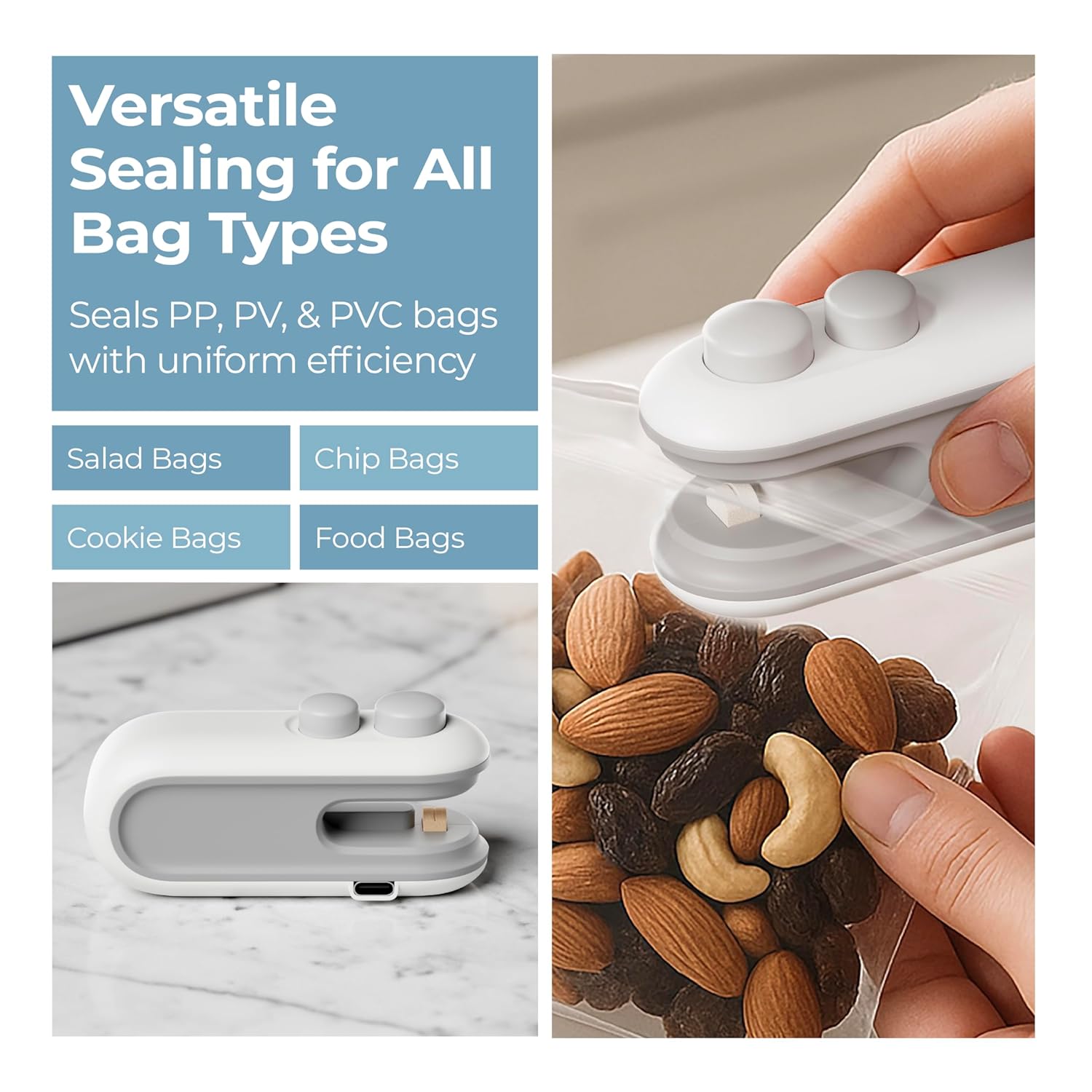 Lifelong 200Mah Portable Mini Sealing Machine for Food Packets | Handheld Sealer for Snacks, Chips, & Plastic Bags | 2-in-1 Sealer & Cutter with Magnetic Strip for Refrigerator | Type-C Charging